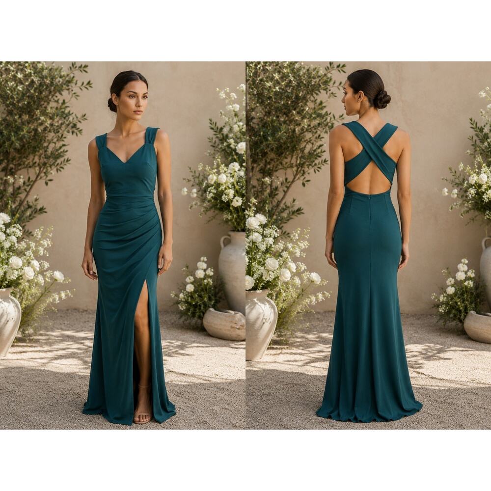 Lulus Teal Green Ruched Maxi Dress NWT Cross Back High Slit Formal Gown S - Picture 3 of 7